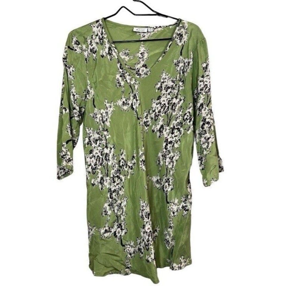 Masai Size Medium Womens Top Green White Floral Print Art to Wear Blouse